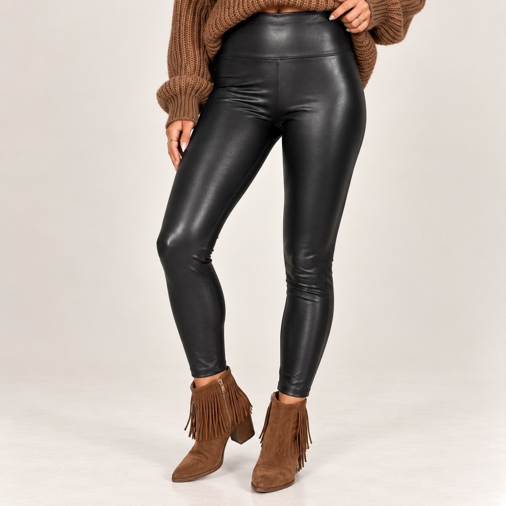 NWT Spanx Faux Leather Leggings Black Women Medium Petite High Waist Shaping New